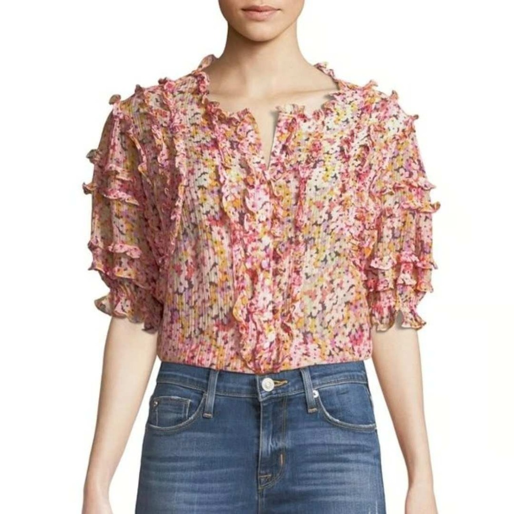 Rebecca Taylor Margo Short-Sleeve Floral-Print Ruffled Top Cotton Silk size 8